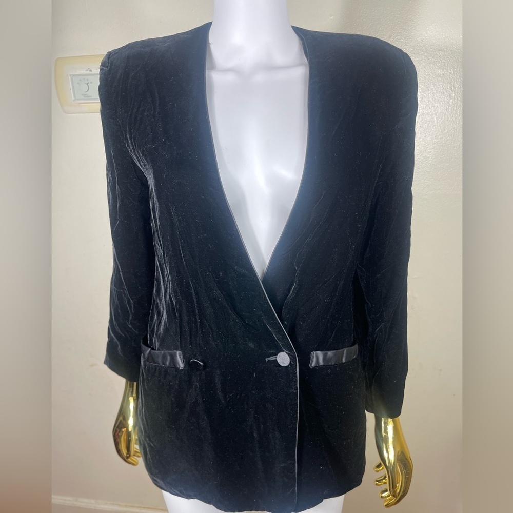 Vintage Talbot velvet black old money one button plunge neckline jacket coat 4 - Picture 2 of 5
